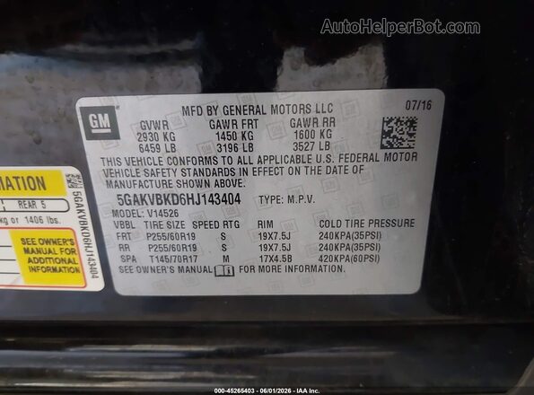 5GAKVBKD6HJ143404 2017 BUICK ENCLAVE Black Widok komory silnika