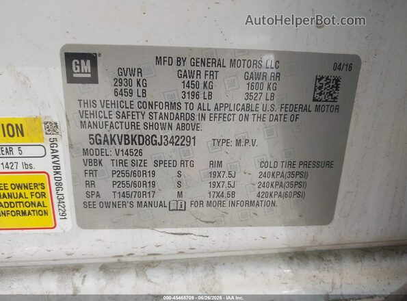 5GAKVBKD8GJ342291 2016 BUICK ENCLAVE White Vista del compartimento del motor