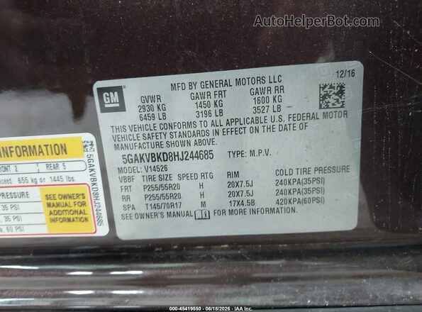 5GAKVBKD8HJ244685 2017 BUICK ENCLAVE Бордовый Вид подкапотного пространства