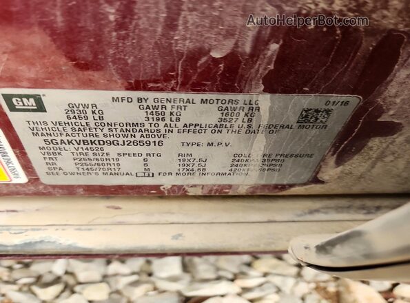 5GAKVBKD9GJ265916 2016 BUICK ENCLAVE Maroon 360 interior view