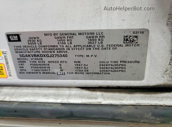 5GAKVBKDXGJ275340 2016 BUICK ENCLAVE White VIN sticker view
