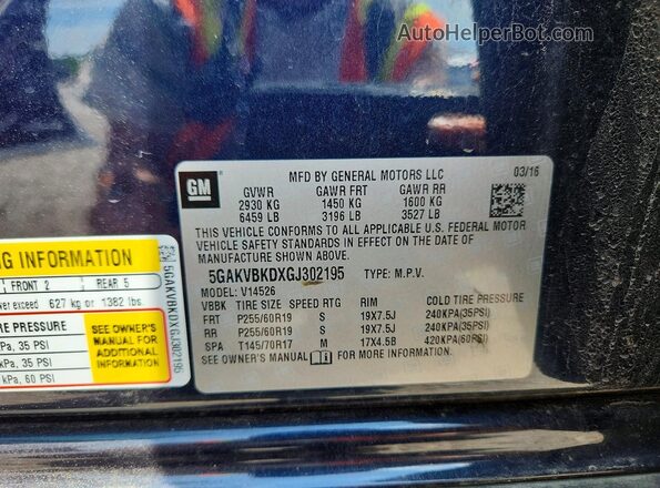 5GAKVBKDXGJ302195 2016 BUICK ENCLAVE Blue VIN sticker view