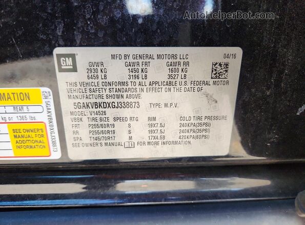 5GAKVBKDXGJ338873 2016 BUICK ENCLAVE Black VIN კოდის სტიკერის ხედი