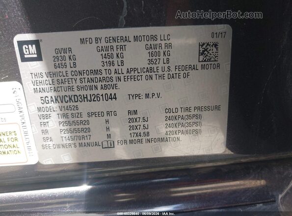 5GAKVCKD3HJ261044 2017 BUICK ENCLAVE Черный Вид подкапотного пространства