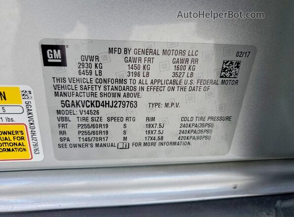 5GAKVCKD4HJ279763 2017 BUICK ENCLAVE Silver VIN sticker view