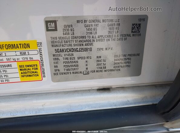 5GAKVCKD9GJ250810 2016 BUICK ENCLAVE White Engine compartment view