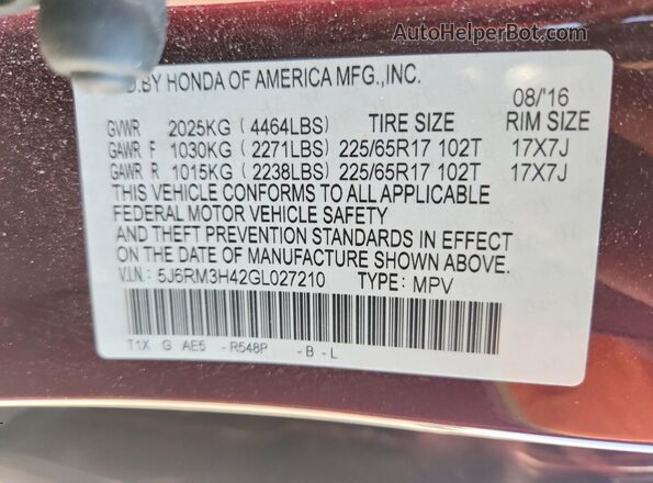 5J6RM3H42GL027210 2016 HONDA CR-V Maroon Вид наклейки з VIN-кодом