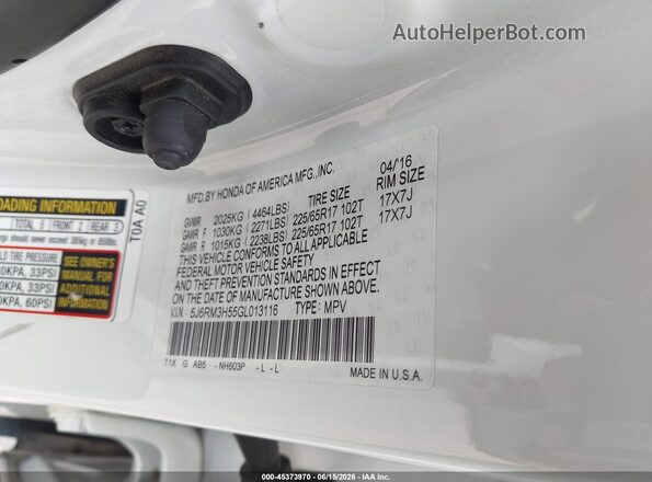5J6RM3H55GL013116 2016 HONDA CR-V White Շարժիչի բաժամունքի տեսք