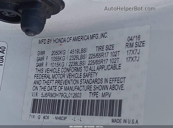 5J6RM3H79GL012603 2016 HONDA CR-V White Engine compartment view