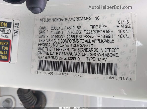 5J6RM3H94GL006919 2016 HONDA CR-V White Շարժիչի բաժամունքի տեսք