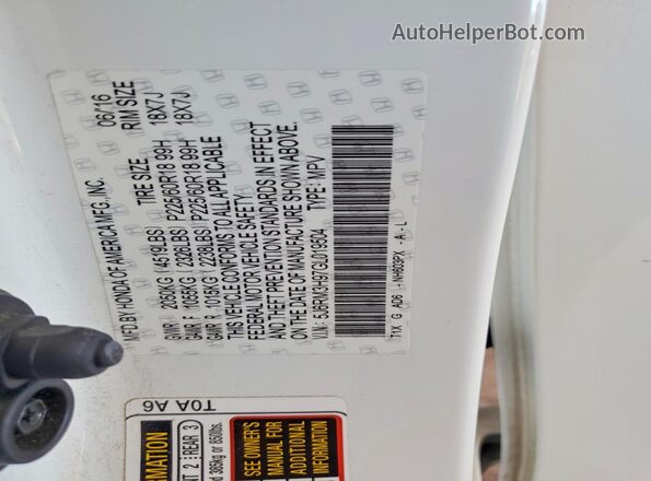 5J6RM3H97GL019504 2016 HONDA CR-V White 