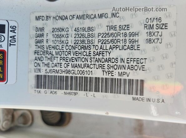 5J6RM3H98GL006101 2016 HONDA CR-V White Widok naklejki z numerem VIN