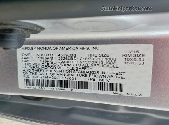 5J6RM4H30GL014601 2016 HONDA CR-V Silver VIN sticker view