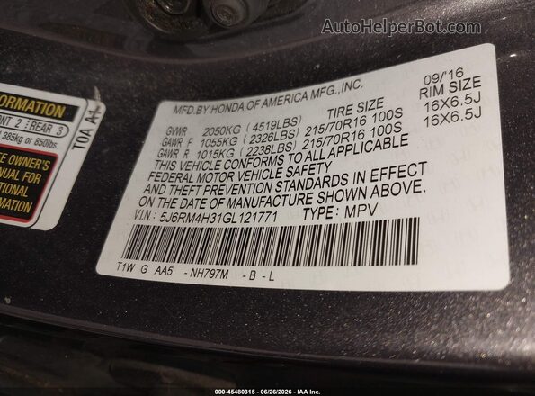 5J6RM4H31GL121771 2016 HONDA CR-V Gray ძრავის განყოფილების ხედი