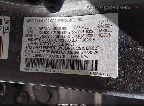 5J6RM4H32GL005978 2016 HONDA CR-V Gray Շարժիչի բաժամունքի տեսք