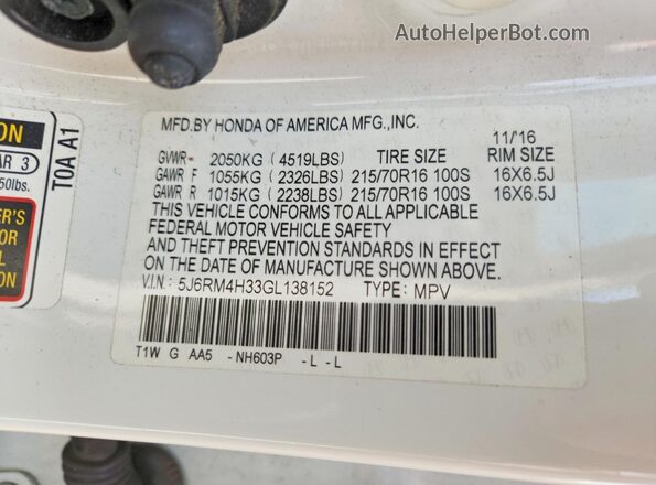 5J6RM4H33GL138152 2016 HONDA CR-V White VIN sticker view
