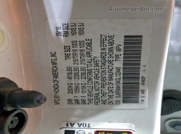 5J6RM4H34GL122445 2016 HONDA CR-V White Սալոնի 360 աստիճան տեսք