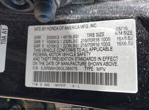 5J6RM4H35GL085079 2016 HONDA CR-V Black ძრავის განყოფილების ხედი