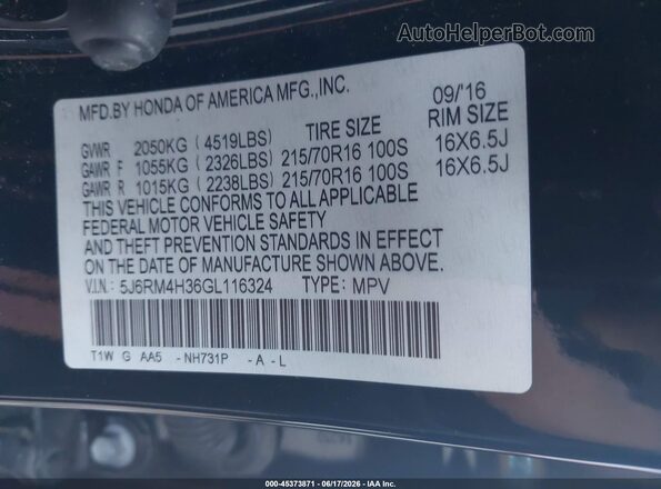 5J6RM4H36GL116324 2016 HONDA CR-V Black Շարժիչի բաժամունքի տեսք