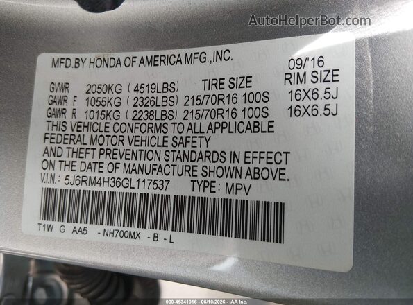 5J6RM4H36GL117537 2016 HONDA CR-V Silver Vista del compartimento del motor