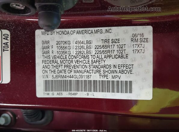5J6RM4H44GL091187 2016 HONDA CR-V Red Vista del compartimento del motor