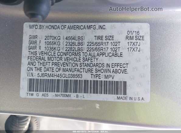 5J6RM4H45GL038563 2016 HONDA CR-V Silver Widok komory silnika