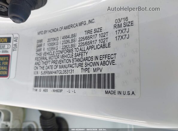 5J6RM4H47GL053131 2016 HONDA CR-V White ძრავის განყოფილების ხედი