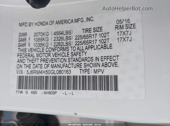 5J6RM4H50GL080163 2016 HONDA CR-V Белый 