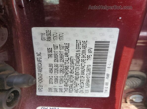 5J6RM4H51GL098719 2016 HONDA CR-V Burgundy VIN կոդի պիտակի տեսք