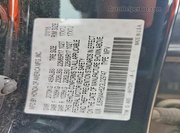5J6RM4H52GL029747 2016 HONDA CR-V Black VIN կոդի պիտակի տեսք