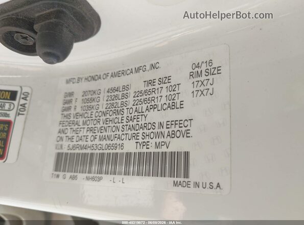 5J6RM4H53GL065916 2016 HONDA CR-V White Շարժիչի բաժամունքի տեսք