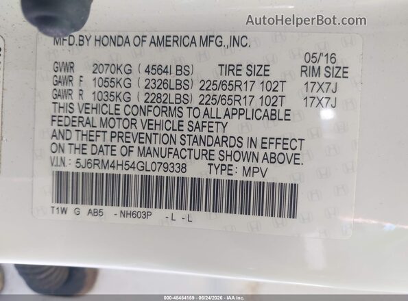 5J6RM4H54GL079338 2016 HONDA CR-V White Engine compartment view