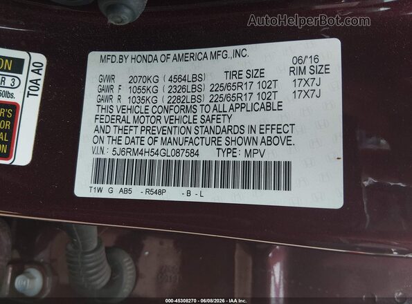 5J6RM4H54GL087584 2016 HONDA CR-V Red ძრავის განყოფილების ხედი