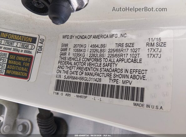 5J6RM4H56GL011428 2016 HONDA CR-V White Engine compartment view