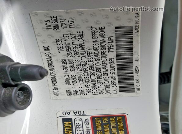 5J6RM4H57GL010689 2016 HONDA CR-V White VIN կոդի պիտակի տեսք