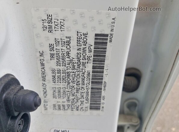 5J6RM4H57GL025841 2016 HONDA CR-V White VIN sticker view