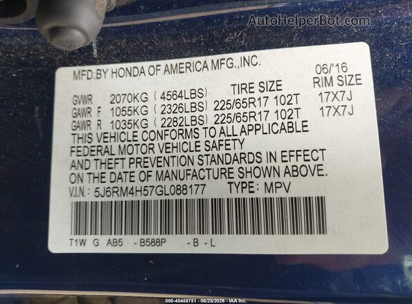 5J6RM4H57GL088177 2016 HONDA CR-V Dark Blue Вид підкапотного простору