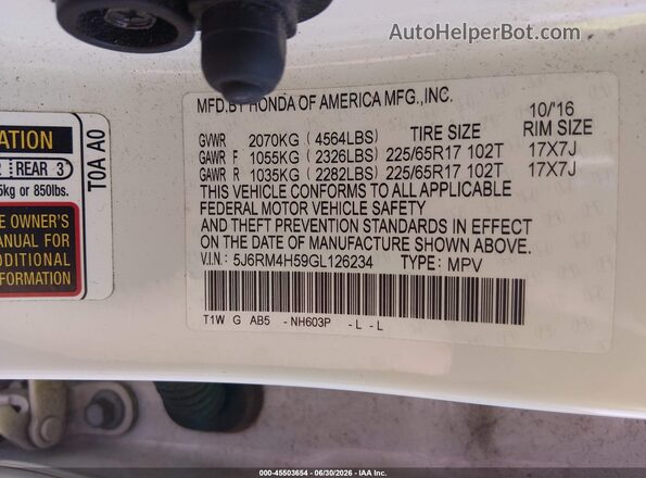 5J6RM4H59GL126234 2016 HONDA CR-V White ძრავის განყოფილების ხედი
