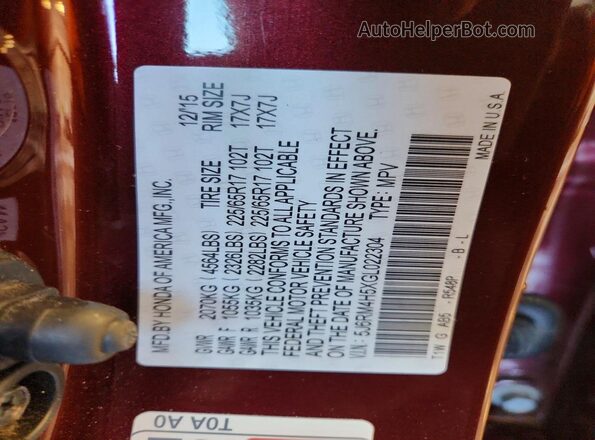 5J6RM4H5XGL022304 2016 HONDA CR-V Red Vista de la etiqueta del VIN