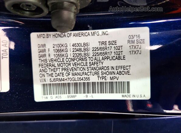 5J6RM4H70GL054356 2016 HONDA CR-V Blue 