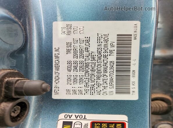 5J6RM4H70GL064028 2016 HONDA CR-V Blue VIN կոդի պիտակի տեսք