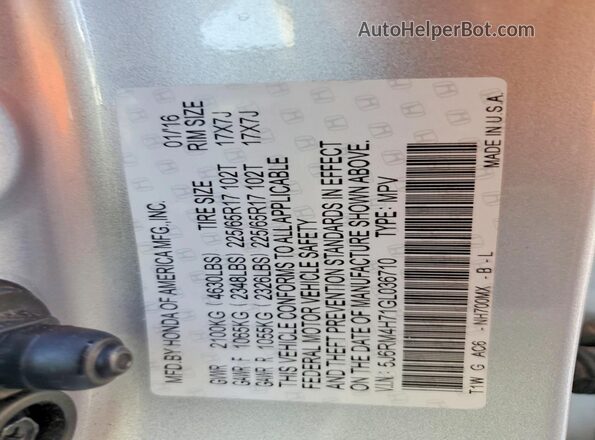 5J6RM4H71GL036710 2016 HONDA CR-V Silver Вид підкапотного простору