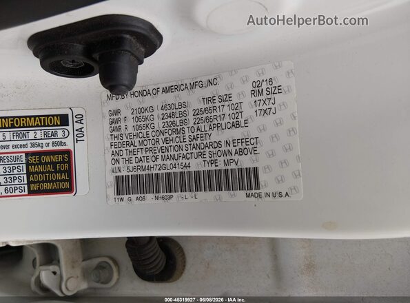 5J6RM4H72GL041544 2016 HONDA CR-V White 