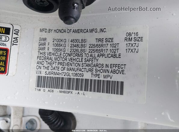 5J6RM4H72GL108059 2016 HONDA CR-V White Вид підкапотного простору