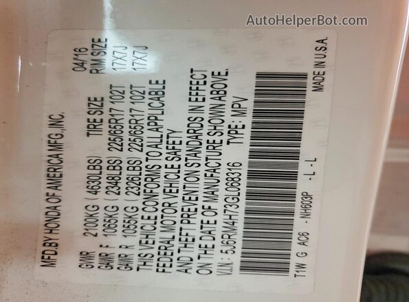 5J6RM4H73GL068316 2016 HONDA CR-V White 