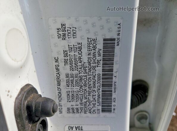 5J6RM4H74GL009999 2016 HONDA CR-V White 