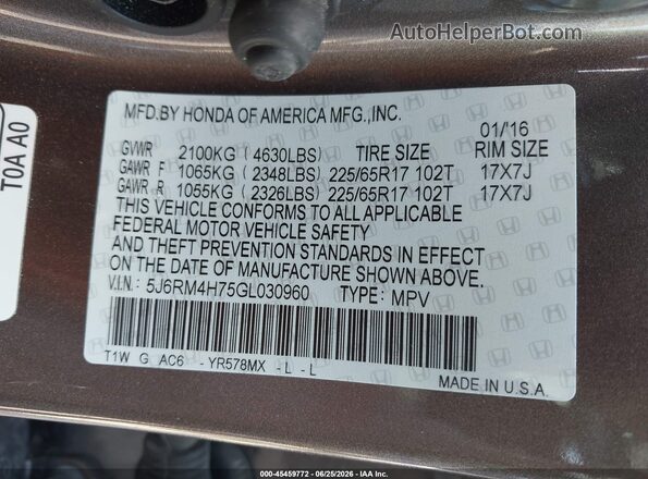 5J6RM4H75GL030960 2016 HONDA CR-V Brown Շարժիչի բաժամունքի տեսք