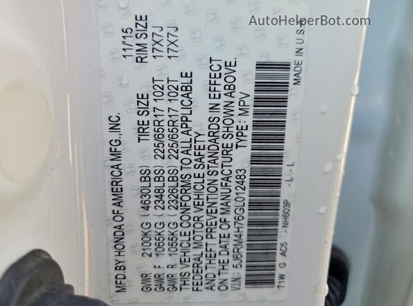 5J6RM4H76GL012483 2016 HONDA CR-V White 