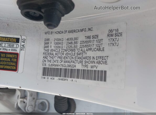 5J6RM4H76GL096224 2016 HONDA CR-V White Vista del compartimento del motor
