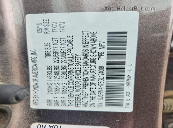 5J6RM4H76GL124068 2016 HONDA CR-V Gray VIN sticker view